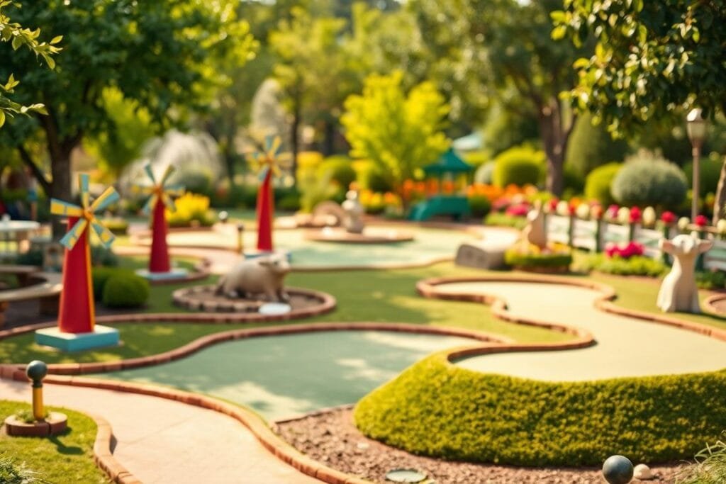 A well-manicured mini golf course set in a charming, whimsical garden. The foreground features a colorful, winding fairway dotted with challenging obstacles like windmills, fountains, and quirky animal statues. The middle ground showcases a gently rolling green with neatly trimmed borders, inviting players to putt their way through. The background is adorned with lush, verdant trees and colorful flowers, creating a tranquil, serene atmosphere. Warm, diffused sunlight filters through, casting soft shadows and enhancing the inviting feel. The scene conveys a sense of lighthearted fun and friendly competition, perfect for an enjoyable mini golf experience.