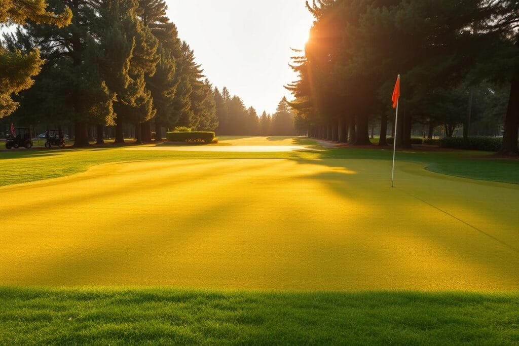 A well-manicured putting green stretches out under a warm, golden afternoon sun. The lush, emerald carpet is dotted with subtle slopes and gentle undulations, creating a compelling challenge for the skilled golfer. In the foreground, the neatly trimmed fringe gently flows in a light breeze, while the flag on the distant pin flutters softly. Tall, mature trees line the perimeter, casting dappled shadows across the surface and lending a sense of serene tranquility to the scene. The putting green is a pristine, meticulously maintained oasis, inviting players to test their finesse and focus as they navigate the new rules of the game.