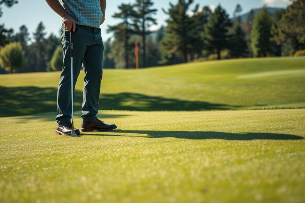 A well-manicured putting green, sun-dappled and inviting. In the foreground, a golfer stands, putter in hand, carefully considering their club selection. The green's contours and subtle breaks are visible, providing a challenge to be navigated. Surrounding the golfer, a lush, verdant landscape, dotted with towering pines and a gleaming flagstick in the distance. The scene is captured with a shallow depth of field, focusing the viewer's attention on the golfer's deliberation, the moment of decision-making that is crucial on the putting green. The lighting is soft and natural, casting long shadows and highlighting the textures of the grass and the golfer's equipment. An atmosphere of quiet contemplation and the pursuit of golfing excellence pervades the scene. A well-manicured putting green, sun-dappled and inviting. In the foreground, a golfer stands, putter in hand, carefully considering their club selection. The green's contours and subtle breaks are visible, providing a challenge to be navigated. Surrounding the golfer, a lush, verdant landscape, dotted with towering pines and a gleaming flagstick in the distance. The scene is captured with a shallow depth of field, focusing the viewer's attention on the golfer's deliberation, the moment of decision-making that is crucial on the putting green. The lighting is soft and natural, casting long shadows and highlighting the textures of the grass and the golfer's equipment. An atmosphere of quiet contemplation and the pursuit of golfing excellence pervades the scene.