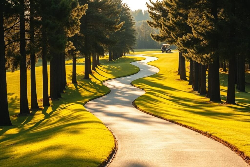 A winding golf cart path meanders through a lush, well-manicured golf course. The path is lined with neatly trimmed grass on either side, creating a visually appealing contrast. Tall, mature trees flank the path, casting gentle shadows and creating a serene, peaceful atmosphere. The path is illuminated by warm, golden sunlight, creating a sense of tranquility and natural beauty. The image captures the essence of the 90-degree cart rule, showcasing a well-defined path that golfers can navigate with ease. The composition is balanced, with the path leading the eye through the scene, inviting the viewer to follow along. A winding golf cart path meanders through a lush, well-manicured golf course. The path is lined with neatly trimmed grass on either side, creating a visually appealing contrast. Tall, mature trees flank the path, casting gentle shadows and creating a serene, peaceful atmosphere. The path is illuminated by warm, golden sunlight, creating a sense of tranquility and natural beauty. The image captures the essence of the 90-degree cart rule, showcasing a well-defined path that golfers can navigate with ease. The composition is balanced, with the path leading the eye through the scene, inviting the viewer to follow along.