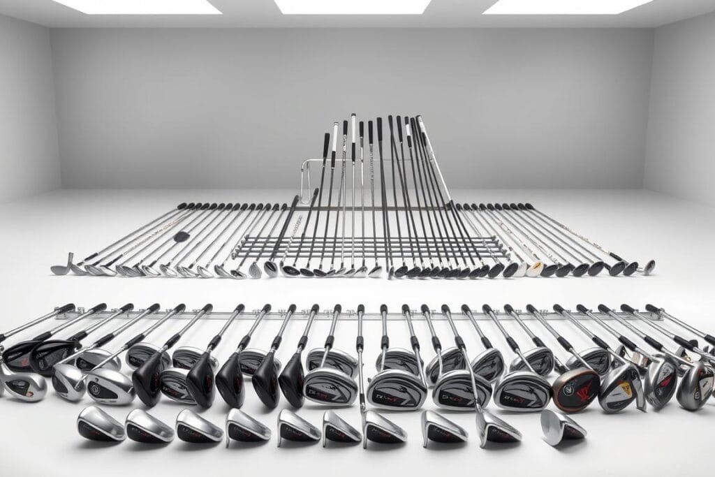 An assortment of distinct golf club categories displayed in a well-lit, clean studio setting. The foreground features a neatly arranged display of different club heads, ranging from drivers and woods to irons, hybrids, and putters, showcasing their unique shapes and designs. The middle ground showcases a selection of club shafts in various materials and flexes, emphasizing the technical aspects of club customization. The background depicts a sleek, minimalist environment, allowing the clubs to take center stage and highlighting their aesthetic appeal. The overall mood is one of precision, sophistication, and a deep appreciation for the diverse tools of the golfing craft. An assortment of distinct golf club categories displayed in a well-lit, clean studio setting. The foreground features a neatly arranged display of different club heads, ranging from drivers and woods to irons, hybrids, and putters, showcasing their unique shapes and designs. The middle ground showcases a selection of club shafts in various materials and flexes, emphasizing the technical aspects of club customization. The background depicts a sleek, minimalist environment, allowing the clubs to take center stage and highlighting their aesthetic appeal. The overall mood is one of precision, sophistication, and a deep appreciation for the diverse tools of the golfing craft.