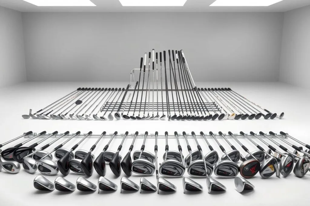 An assortment of distinct golf club categories displayed in a well-lit, clean studio setting. The foreground features a neatly arranged display of different club heads, ranging from drivers and woods to irons, hybrids, and putters, showcasing their unique shapes and designs. The middle ground showcases a selection of club shafts in various materials and flexes, emphasizing the technical aspects of club customization. The background depicts a sleek, minimalist environment, allowing the clubs to take center stage and highlighting their aesthetic appeal. The overall mood is one of precision, sophistication, and a deep appreciation for the diverse tools of the golfing craft.