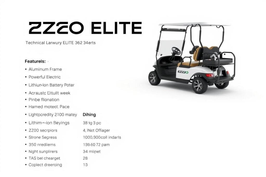 Detailed technical specifications of the EZGO Liberty ELiTE golf cart in a sleek, modern layout. A well-lit, high-resolution 3D render showcasing the cart's key features - its lightweight aluminum frame, powerful electric motor, and advanced lithium-ion battery pack. The specifications are presented in a clean, minimalist style against a plain white background, allowing the technical details to take center stage. The perspective is slightly angled to provide a dynamic, engaging view of the cart. Subtle reflections and soft shadows give depth and realism to the scene. An authoritative, informative tone that highlights the engineering prowess behind this premium golf vehicle. Detailed technical specifications of the EZGO Liberty ELiTE golf cart in a sleek, modern layout. A well-lit, high-resolution 3D render showcasing the cart's key features - its lightweight aluminum frame, powerful electric motor, and advanced lithium-ion battery pack. The specifications are presented in a clean, minimalist style against a plain white background, allowing the technical details to take center stage. The perspective is slightly angled to provide a dynamic, engaging view of the cart. Subtle reflections and soft shadows give depth and realism to the scene. An authoritative, informative tone that highlights the engineering prowess behind this premium golf vehicle.