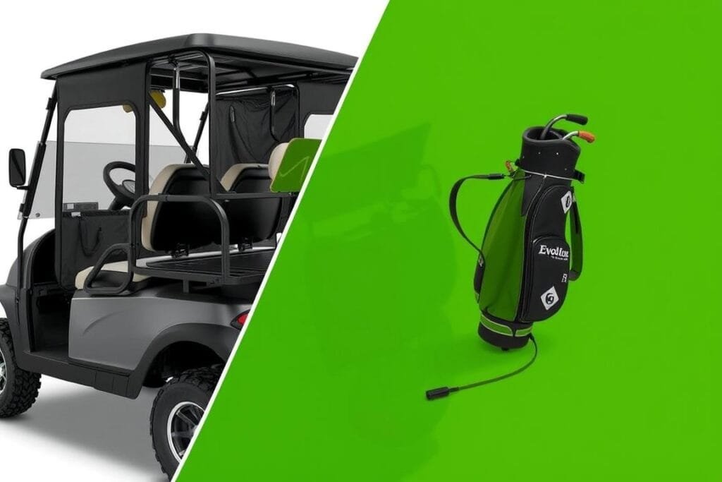 Evolution D5 Maverick golf cart with optional all-weather enclosure and golf bag holder Evolution D5 Maverick golf cart with optional all-weather enclosure and golf bag holder