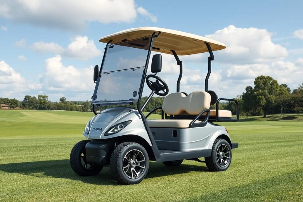 Generate an image of a Garia Via golf cart Generate an image of a Garia Via golf cart