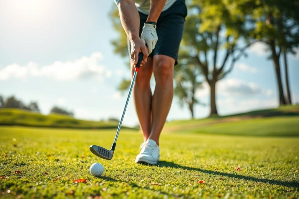 Generate an image of a golfer using a 5-wood golf club on a fairway. Generate an image of a golfer using a 5-wood golf club on a fairway.