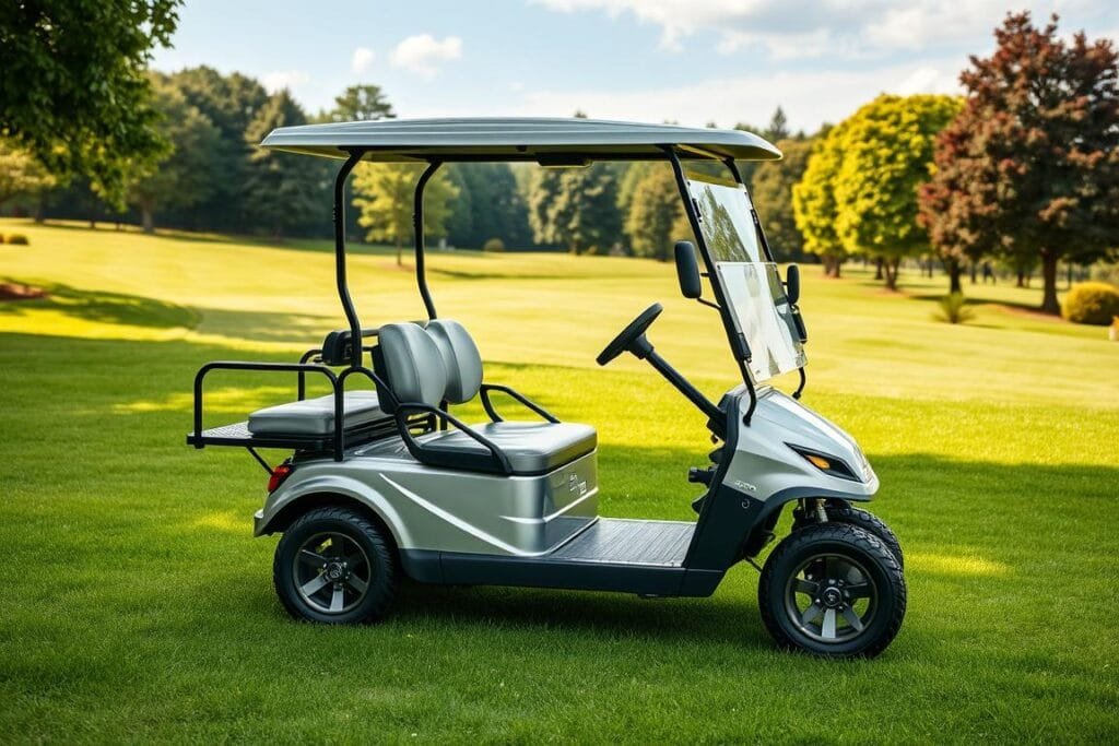 Generate an image of the Advanced EV Advent golf cart in a luxurious outdoor setting. Generate an image of the Advanced EV Advent golf cart in a luxurious outdoor setting.