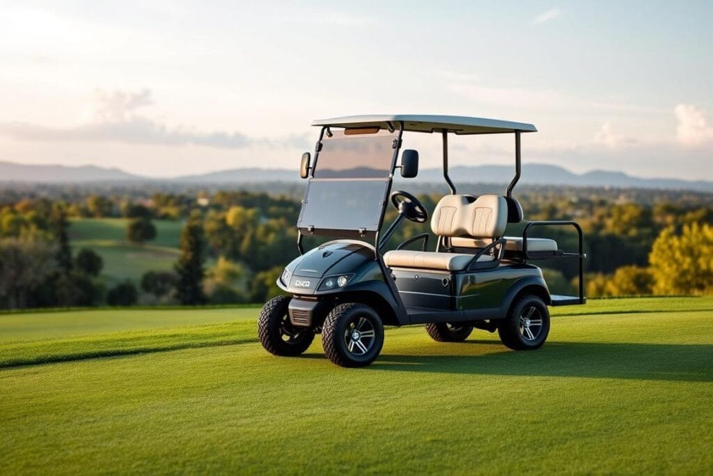 Generate an image of the EZGO Liberty ELiTE golf cart in a luxurious golf course setting. Generate an image of the EZGO Liberty ELiTE golf cart in a luxurious golf course setting.