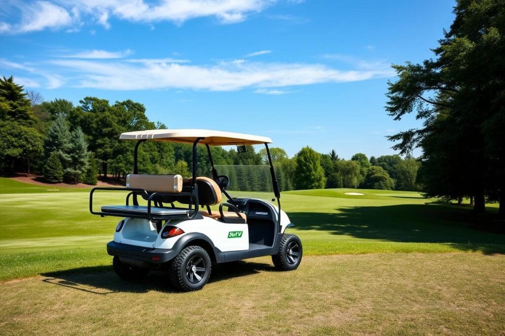 Generate an image of the Star EV Sirius golf cart on a golf course Generate an image of the Star EV Sirius golf cart on a golf course