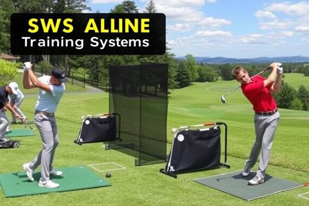 Generate an image of the Swing Align Training System in use on a golf course. Generate an image of the Swing Align Training System in use on a golf course.