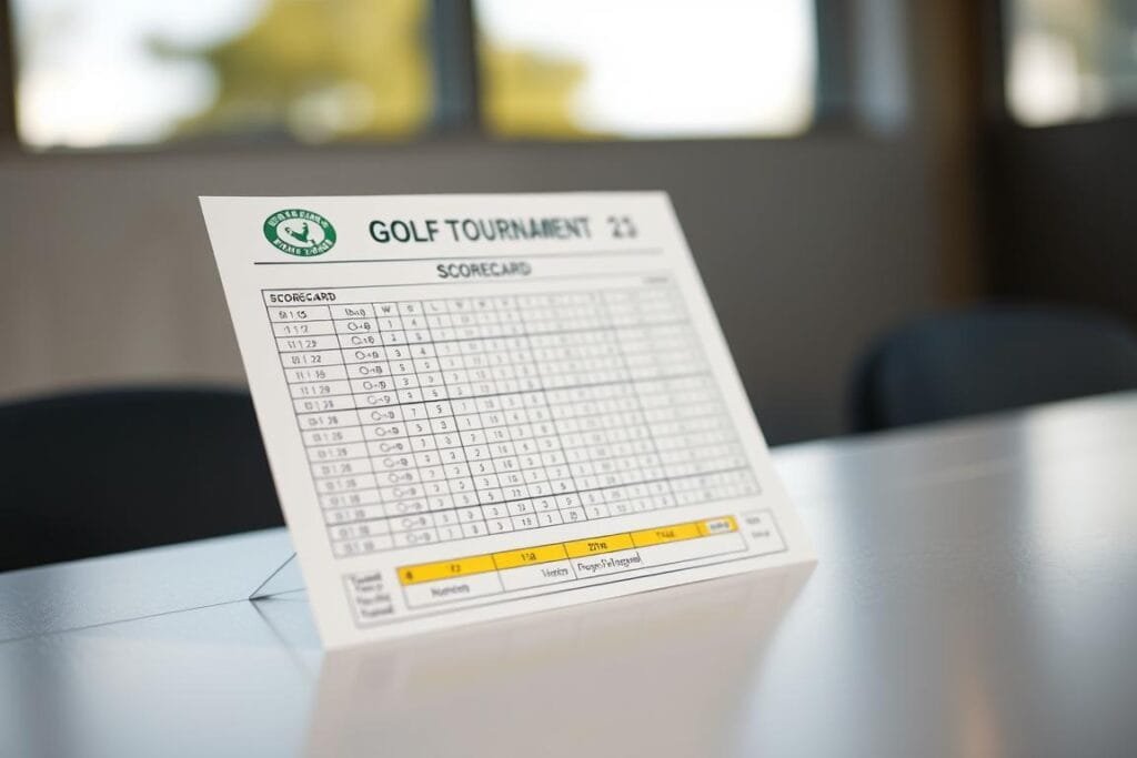 High-quality photograph of a professional golf tournament scorecard, shot with a high-resolution DSLR camera using a 50mm lens. The scorecard is placed on a flat, clean surface, with natural lighting illuminating the scene. The scorecard is displayed prominently in the center of the frame, with a slight angle to showcase the detailed layout and information. The background is blurred, creating a shallow depth of field and focusing the viewer's attention on the scorecard. The image conveys a sense of organization, precision, and the formality of a competitive golf event. High-quality photograph of a professional golf tournament scorecard, shot with a high-resolution DSLR camera using a 50mm lens. The scorecard is placed on a flat, clean surface, with natural lighting illuminating the scene. The scorecard is displayed prominently in the center of the frame, with a slight angle to showcase the detailed layout and information. The background is blurred, creating a shallow depth of field and focusing the viewer's attention on the scorecard. The image conveys a sense of organization, precision, and the formality of a competitive golf event.