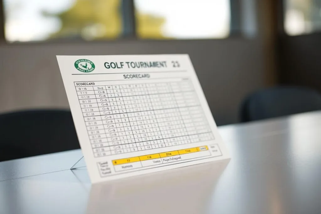 High-quality photograph of a professional golf tournament scorecard, shot with a high-resolution DSLR camera using a 50mm lens. The scorecard is placed on a flat, clean surface, with natural lighting illuminating the scene. The scorecard is displayed prominently in the center of the frame, with a slight angle to showcase the detailed layout and information. The background is blurred, creating a shallow depth of field and focusing the viewer's attention on the scorecard. The image conveys a sense of organization, precision, and the formality of a competitive golf event.