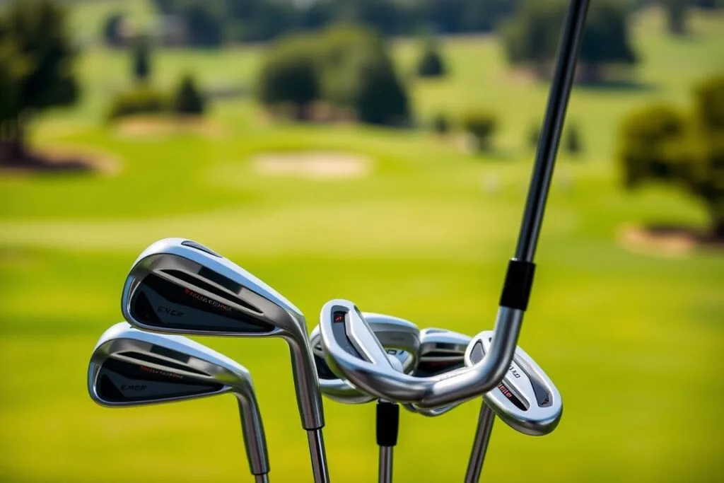 Hybrids: A Fusion of Craftsmanship Centered in the frame, a set of expertly crafted hybrid golf clubs, their sleek metal bodies gleaming under the soft, natural lighting. The clubs are positioned at a slight angle, showcasing their unique design - a fusion of the powerful driver and the precise iron. The background is a serene, blurred landscape of lush fairways and well-manicured greens, hinting at the club's intended purpose. The overall mood is one of professional elegance, reflecting the versatility and performance of these hybrid golf clubs.