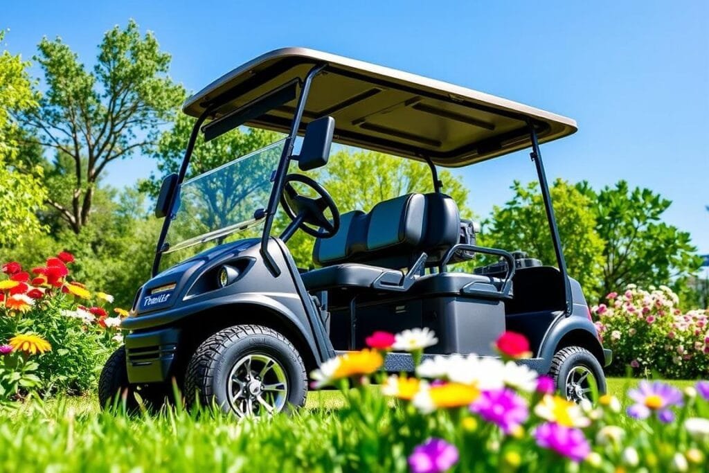 Image of Tomberlin E-Merge GT golf cart in a scenic outdoor setting Image of Tomberlin E-Merge GT golf cart in a scenic outdoor setting