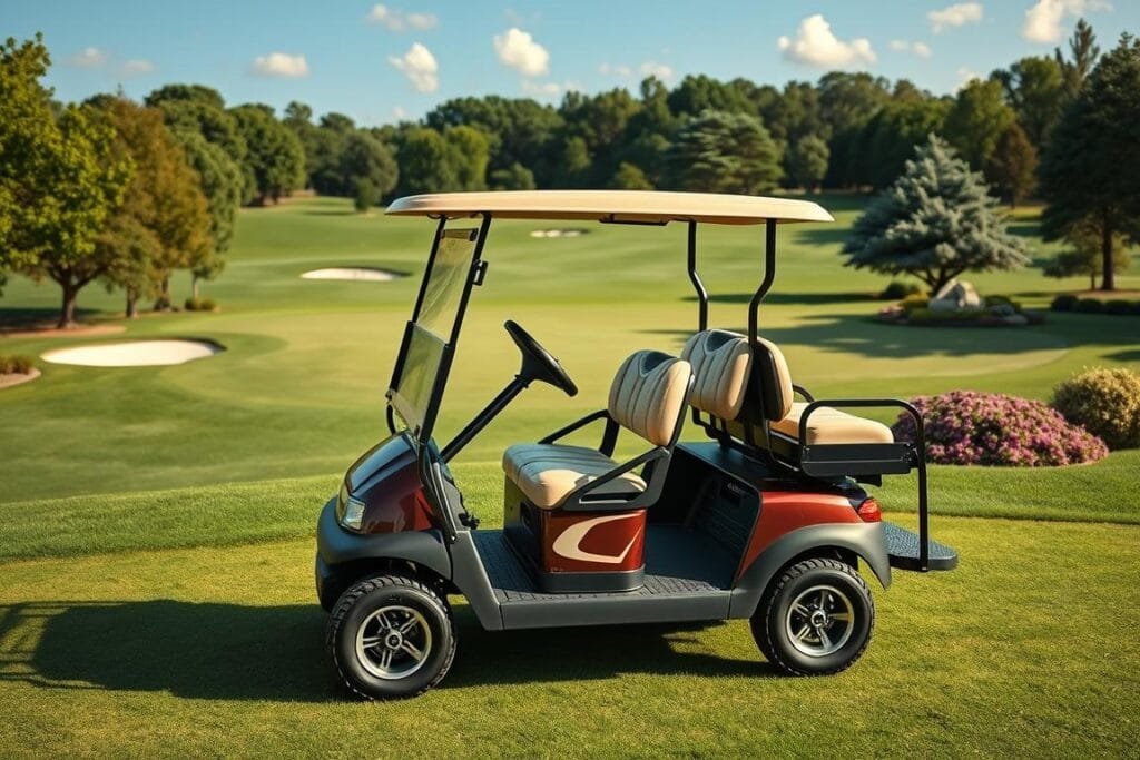 Image of a Club Car Onward golf cart in a scenic golf course setting Image of a Club Car Onward golf cart in a scenic golf course setting