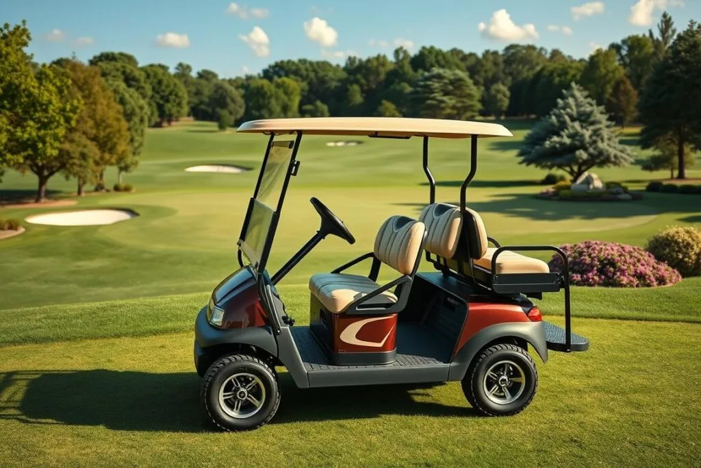 Image of a Club Car Onward golf cart in a scenic golf course setting Image of a Club Car Onward golf cart in a scenic golf course setting