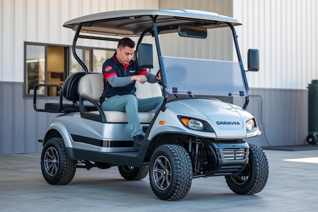 Image of a Garia Via golf cart with a dealer or service representative Image of a Garia Via golf cart with a dealer or service representative