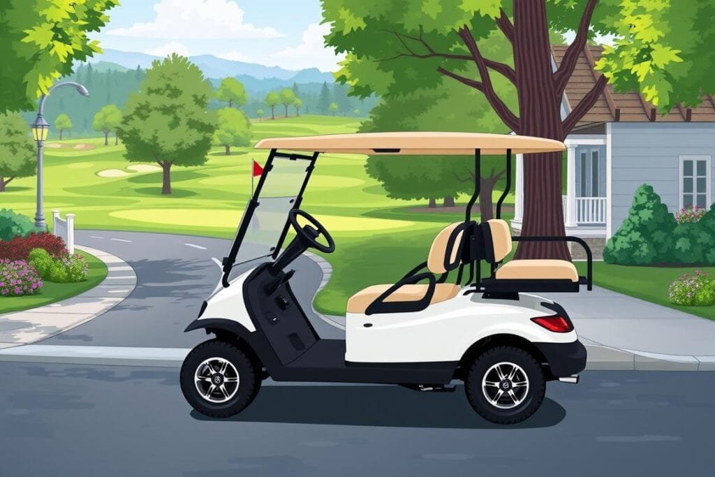 Image of a Star EV Sirius golf cart on a street with a golf course in the background Image of a Star EV Sirius golf cart on a street with a golf course in the background