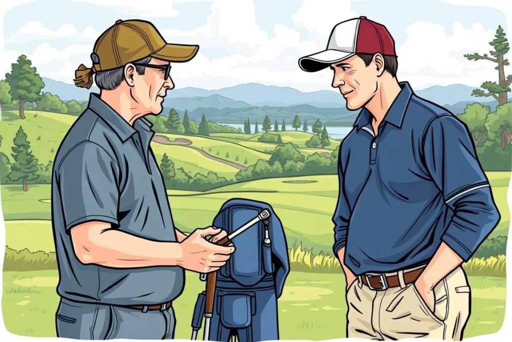 Image of a golf instructor teaching a beginner golfer Image of a golf instructor teaching a beginner golfer