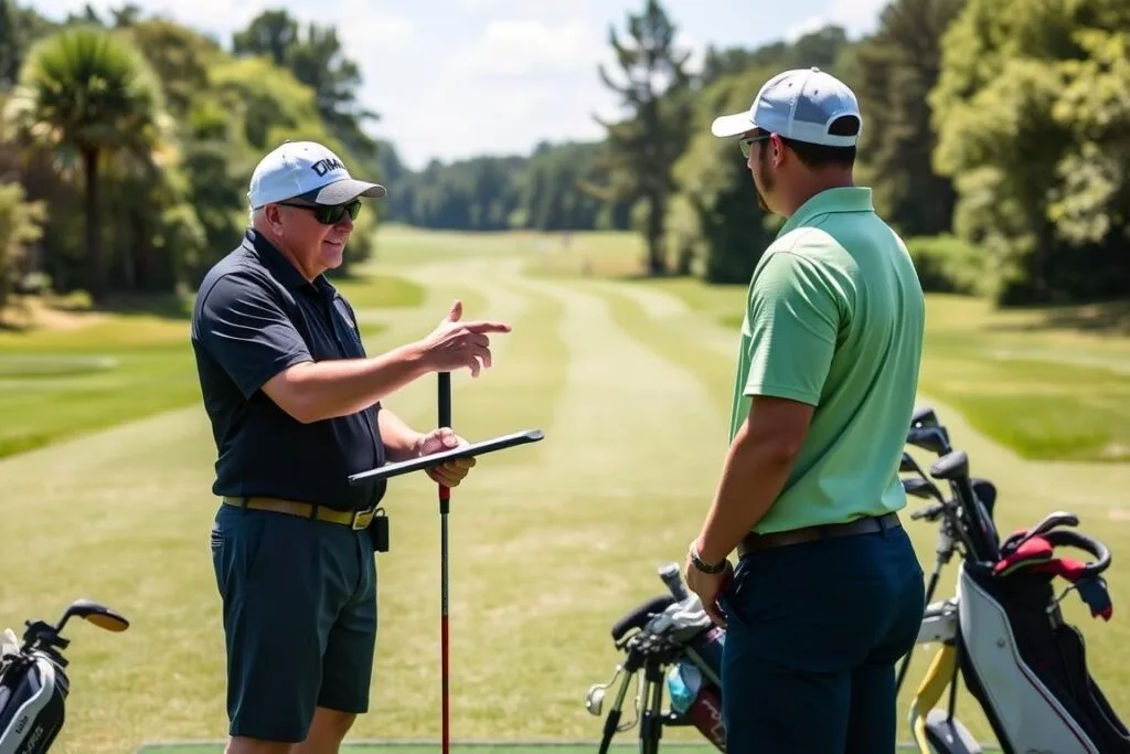 Image of a golf instructor teaching a beginner on a driving range Image of a golf instructor teaching a beginner on a driving range
