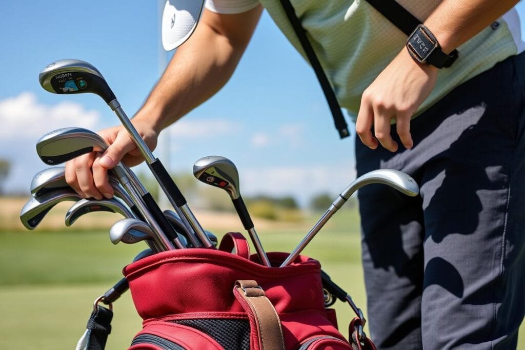 Image of a golfer selecting a hybrid club from a golf bag Image of a golfer selecting a hybrid club from a golf bag