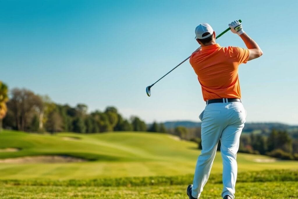 Image of a golfer using a 3-wood on the course Image of a golfer using a 3-wood on the course