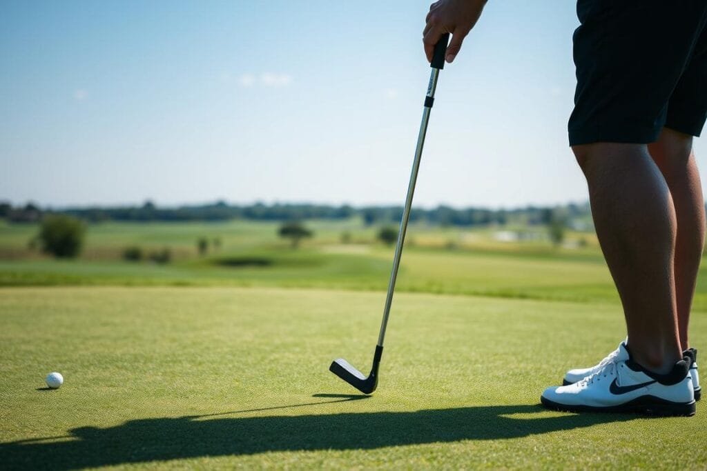 Image of a golfer using a mallet putter Image of a golfer using a mallet putter