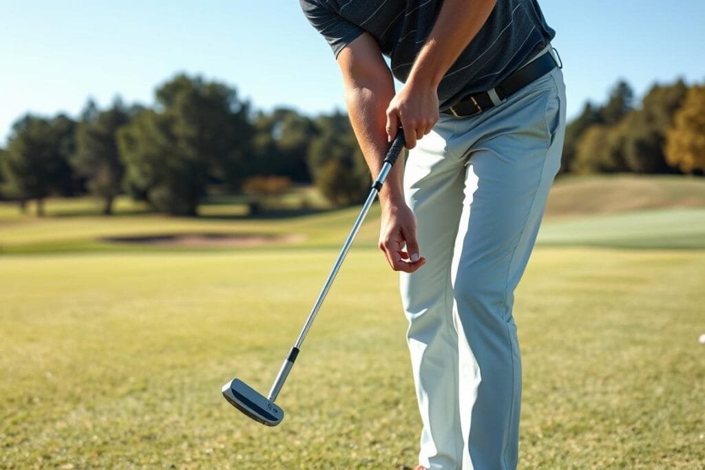 Image of a golfer using a modern mallet putter with high MOI Image of a golfer using a modern mallet putter with high MOI