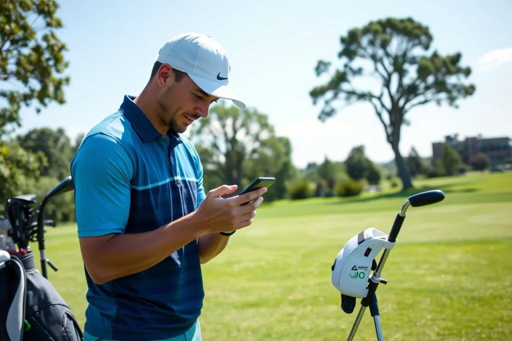 Image of a golfer using a smartphone app to submit their score Image of a golfer using a smartphone app to submit their score
