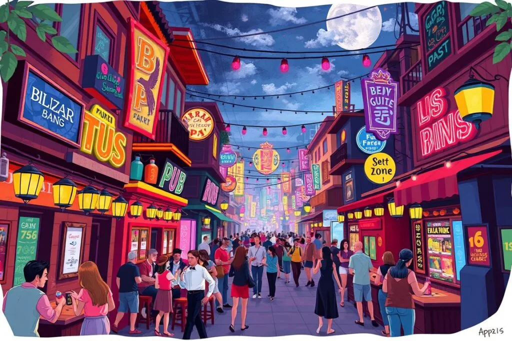 Image of a vibrant entertainment district with multiple bars and pubs