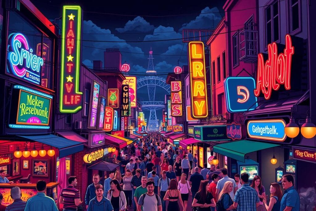 Image of a vibrant nightlife district in the US