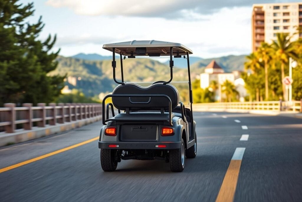 Image of the EZGO Liberty LSV on a road, highlighting its street-legal features. Image of the EZGO Liberty LSV on a road, highlighting its street-legal features.