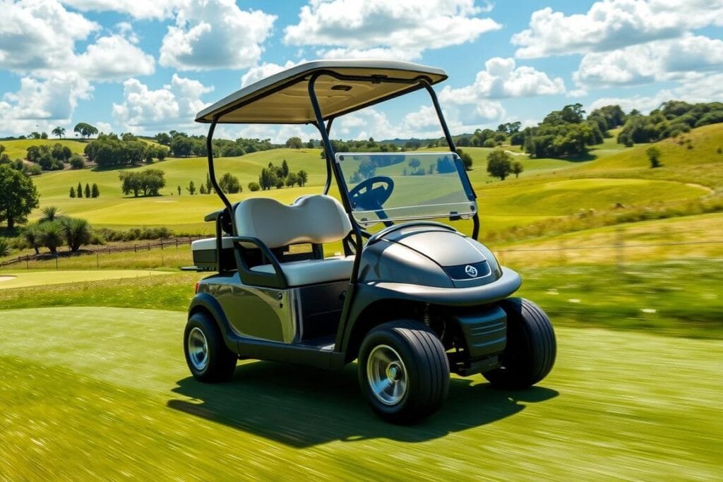 Tomberlin E-Merge GT Performance: A sleek, sporty golf cart gliding through a sun-dappled landscape. In the foreground, the cart's bold lines and aerodynamic silhouette command attention, its metallic finish gleaming under crisp, directional lighting. The middle ground reveals a lush, verdant golf course, fairways winding through rolling hills. In the background, a clear blue sky peppered with fluffy clouds, creating a sense of serene tranquility. The cart's powerful electric drivetrain hums with quiet efficiency, delivering a thrilling, nimble driving experience for the discerning golfer. Captured from a dynamic, low-angle perspective to accentuate the cart's athletic presence and performance capabilities. Tomberlin E-Merge GT Performance: A sleek, sporty golf cart gliding through a sun-dappled landscape. In the foreground, the cart's bold lines and aerodynamic silhouette command attention, its metallic finish gleaming under crisp, directional lighting. The middle ground reveals a lush, verdant golf course, fairways winding through rolling hills. In the background, a clear blue sky peppered with fluffy clouds, creating a sense of serene tranquility. The cart's powerful electric drivetrain hums with quiet efficiency, delivering a thrilling, nimble driving experience for the discerning golfer. Captured from a dynamic, low-angle perspective to accentuate the cart's athletic presence and performance capabilities.