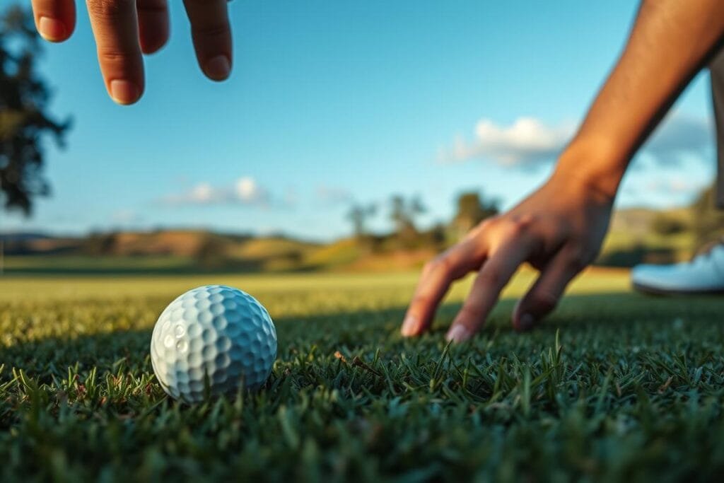 a golf ball lying on a grassy fairway, with a golfer's hand reaching down to pick it up, against a backdrop of a lush, rolling golf course landscape with trees and a blue sky in the distance, the scene illuminated by warm, natural lighting, creating a peaceful, contemplative atmosphere