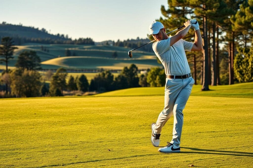 A professional golfer in classic attire stands on a well-manicured fairway, their body in perfect harmony as they execute a fluid, rhythmic golf swing. The sun casts a warm, golden glow over the scene, illuminating the graceful motion of the club as it sweeps through the air. The player's face is focused, their eyes locked on the ball, their weight evenly distributed and their hips rotating smoothly. In the background, a lush, verdant landscape of rolling hills and towering trees creates a serene, picturesque setting, reflecting the tranquility and precision of the perfect golf swing. A professional golfer in classic attire stands on a well-manicured fairway, their body in perfect harmony as they execute a fluid, rhythmic golf swing. The sun casts a warm, golden glow over the scene, illuminating the graceful motion of the club as it sweeps through the air. The player's face is focused, their eyes locked on the ball, their weight evenly distributed and their hips rotating smoothly. In the background, a lush, verdant landscape of rolling hills and towering trees creates a serene, picturesque setting, reflecting the tranquility and precision of the perfect golf swing.