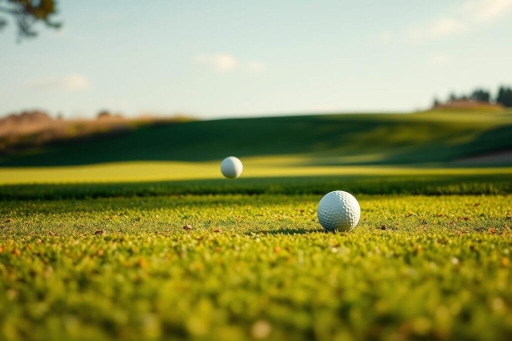 A sun-dappled golf course, the tee box in the foreground. A provisional ball arcs gracefully through the air, its trajectory shifting as it lands and rolls, transforming into the ball in play. Detailed textures of the course's lush fairway and surrounding rough, with a crisp, clear depth of field. Warm, natural lighting casts soft shadows, creating a sense of depth and dimension. The scene conveys the transition from a provisional shot to the ball in active play, the drama of the moment captured in a precise, realistic style. A sun-dappled golf course, the tee box in the foreground. A provisional ball arcs gracefully through the air, its trajectory shifting as it lands and rolls, transforming into the ball in play. Detailed textures of the course's lush fairway and surrounding rough, with a crisp, clear depth of field. Warm, natural lighting casts soft shadows, creating a sense of depth and dimension. The scene conveys the transition from a provisional shot to the ball in active play, the drama of the moment captured in a precise, realistic style.
