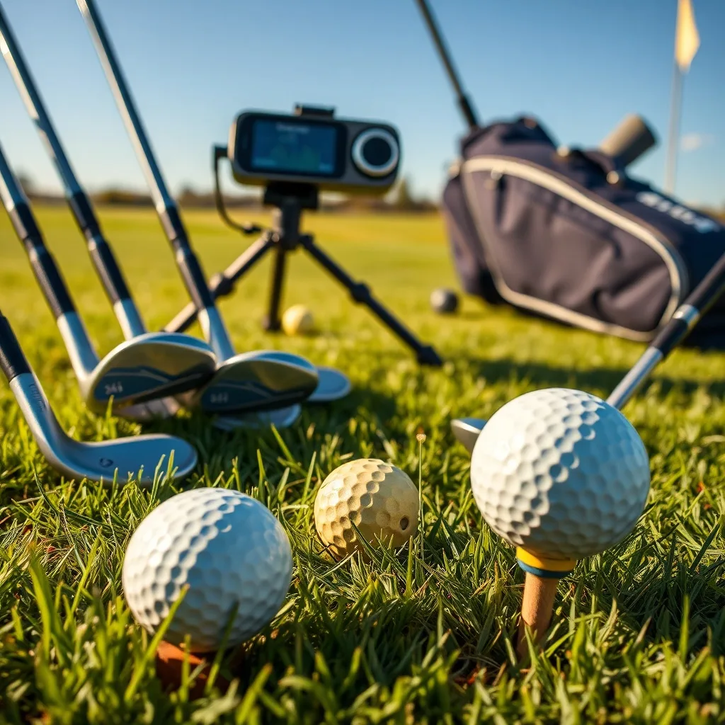 Eight golf clubs for starters on grass, a scuffed ball on a tee, and a launch monitor under a sunny blue sky.