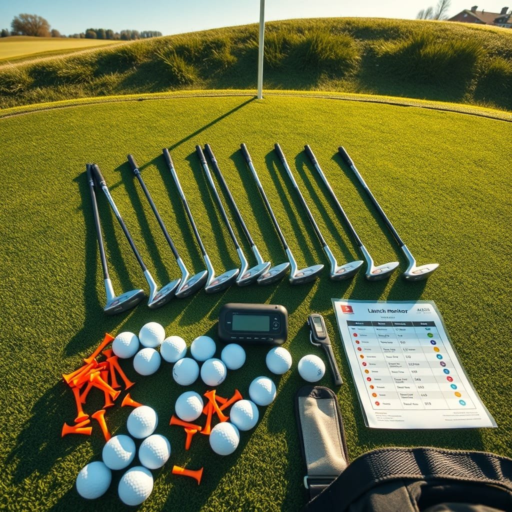 Overhead view of golf clubs for starters on a putting green, featuring clubs, balls, tees, and a launch monitor.
