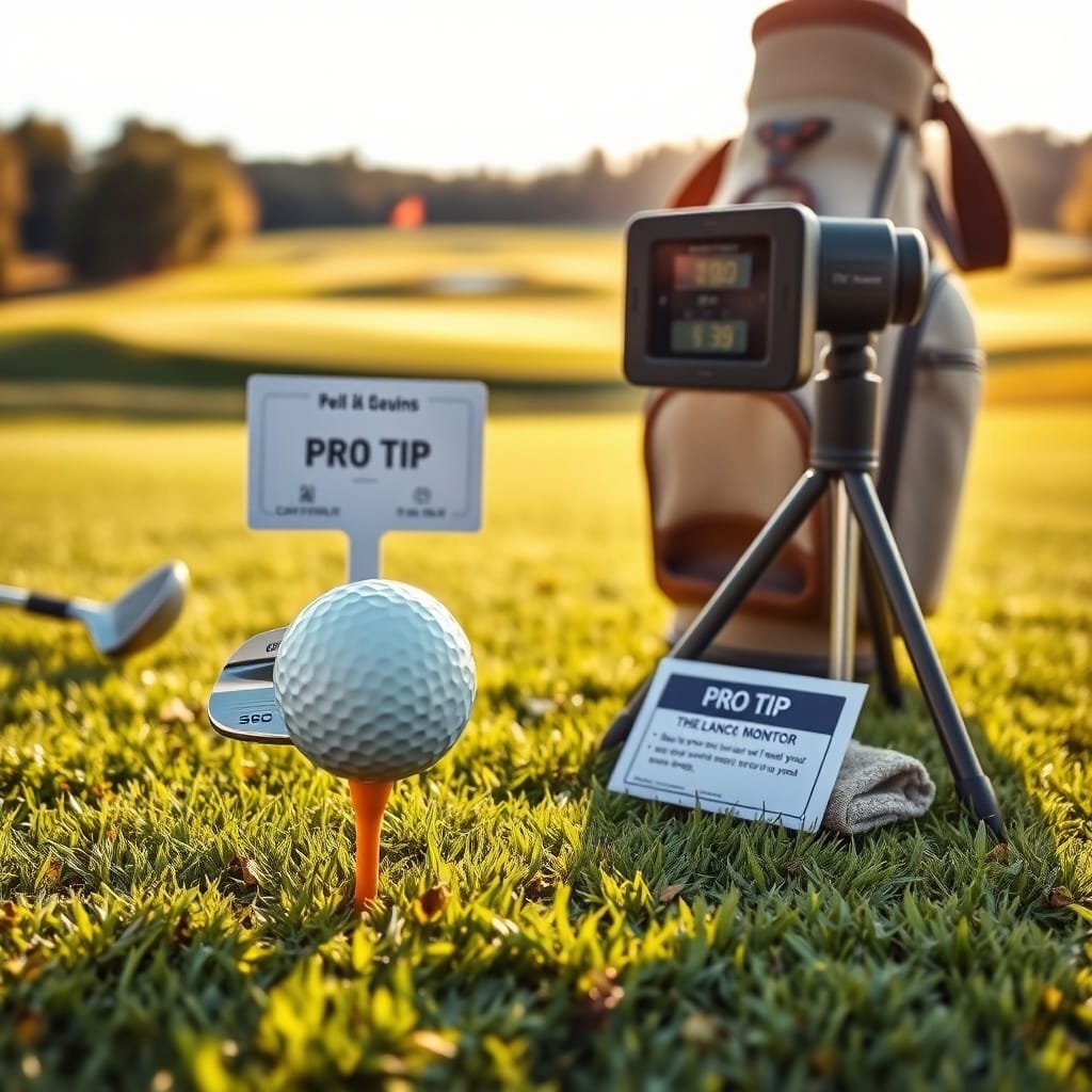 Starter golf clubs for starters arranged on a sunlit fairway, featuring a ball on a tee and a launch monitor nearby.