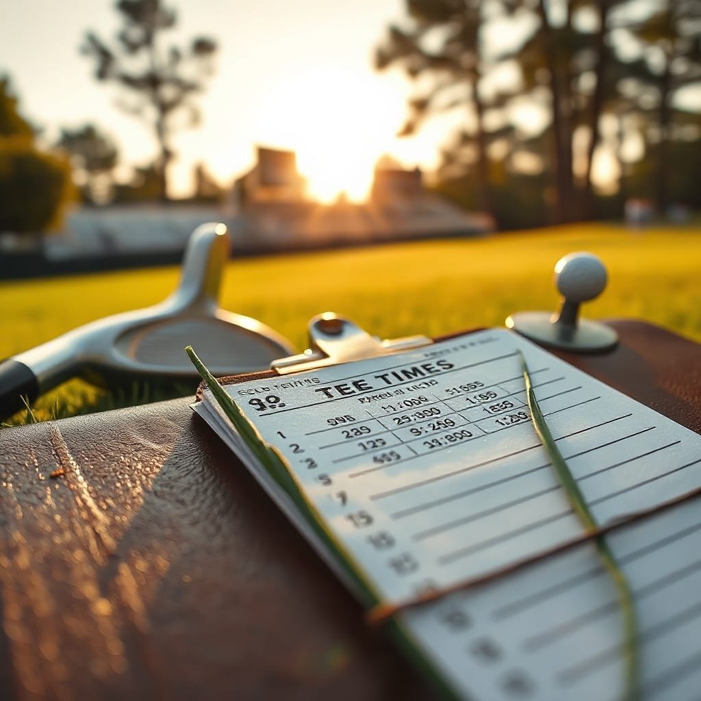 Laminated masters golf tournament tee times card on a leather clipboard, dew-kissed, with Augusta's fairway in soft focus.