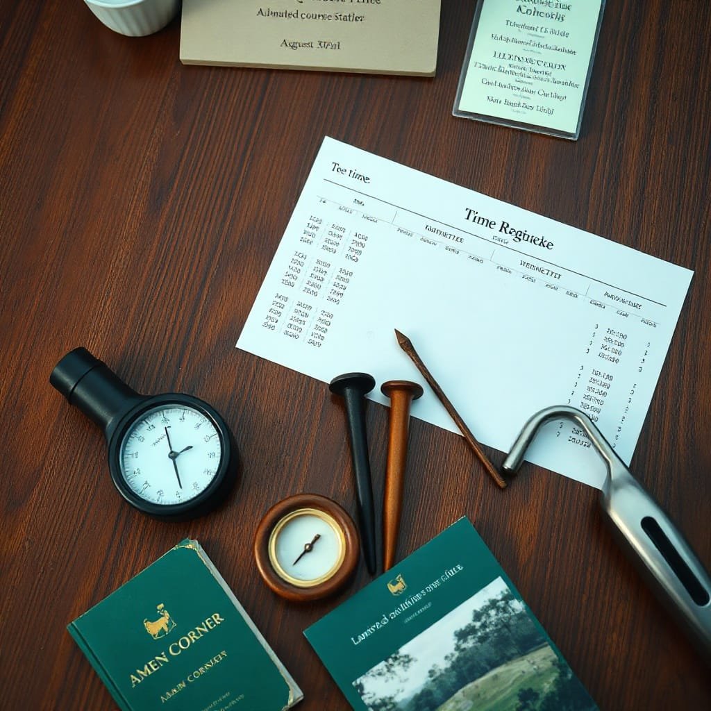Damp masters golf tournament tee times schedule on wet oak, surrounded by golf gear and Augusta-themed items in soft light.