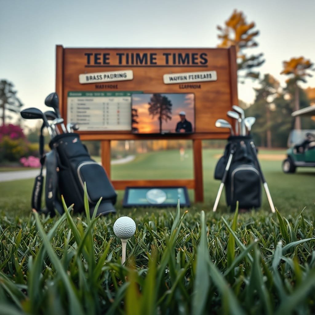Wooden tee times board at the Masters Golf Tournament, showcasing pairings amid morning mist and afternoon sun.
