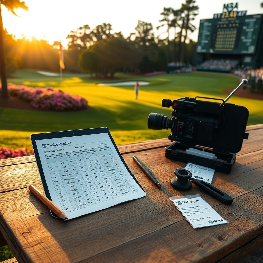 Laminated masters golf tournament tee times schedule and tablet on a pine bench, with a camera and scoreboard in the background.