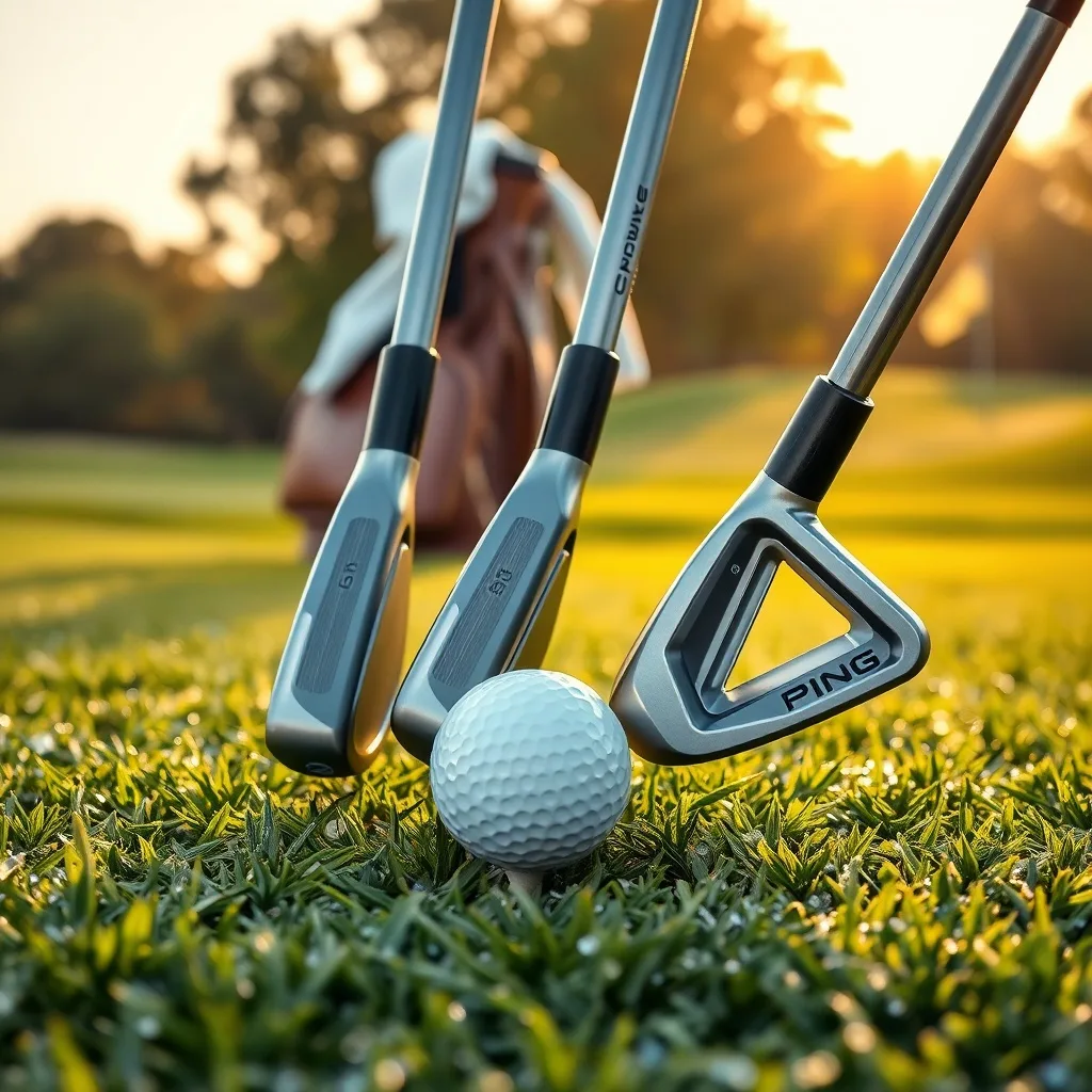 Three Ping golf irons on dew-speckled grass, with a dimpled ball on a tee, set against a sunlit fairway backdrop.