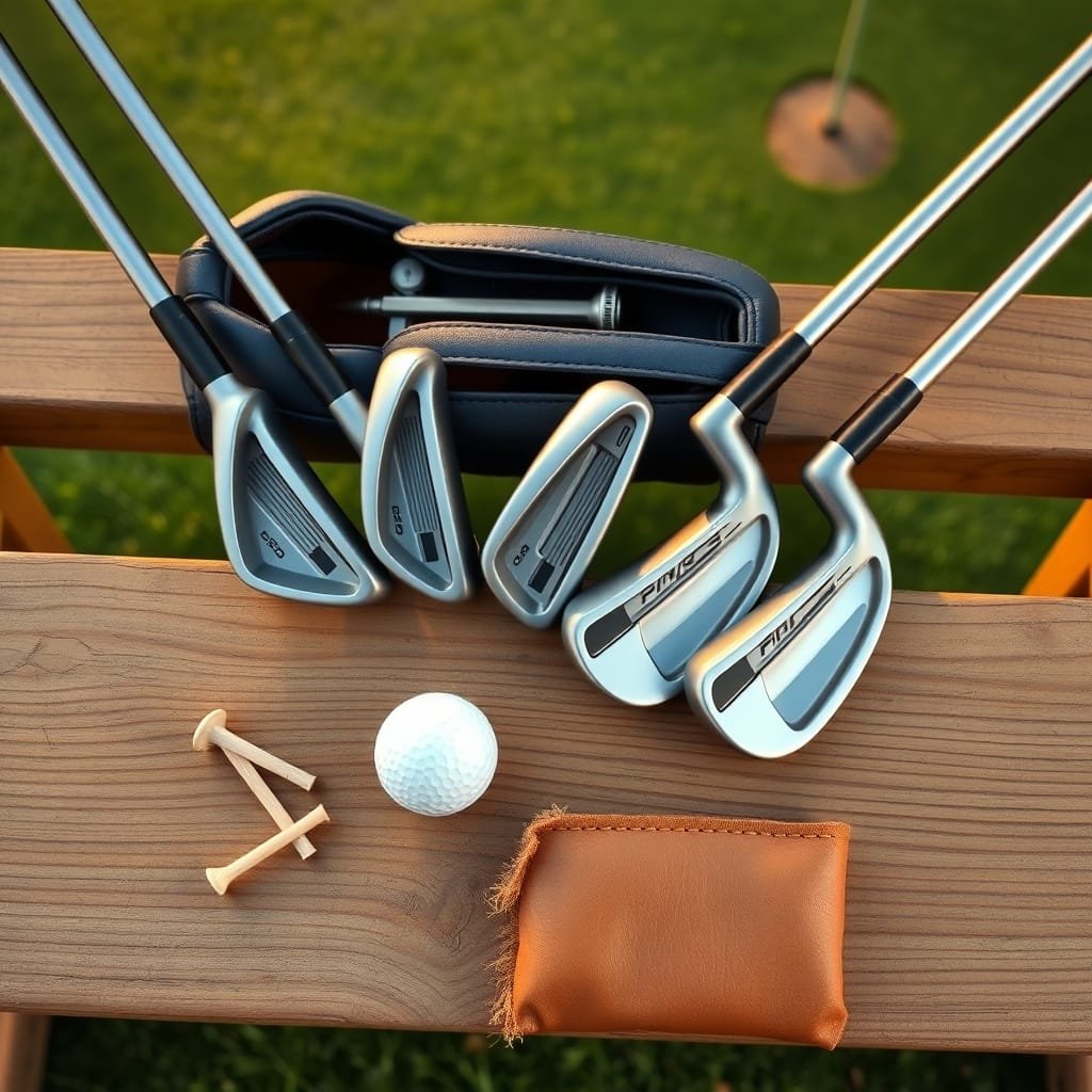 Overhead view of four Ping golf irons on a cedar bench, with a golf ball, tee, cloth, and leather headcover nearby.