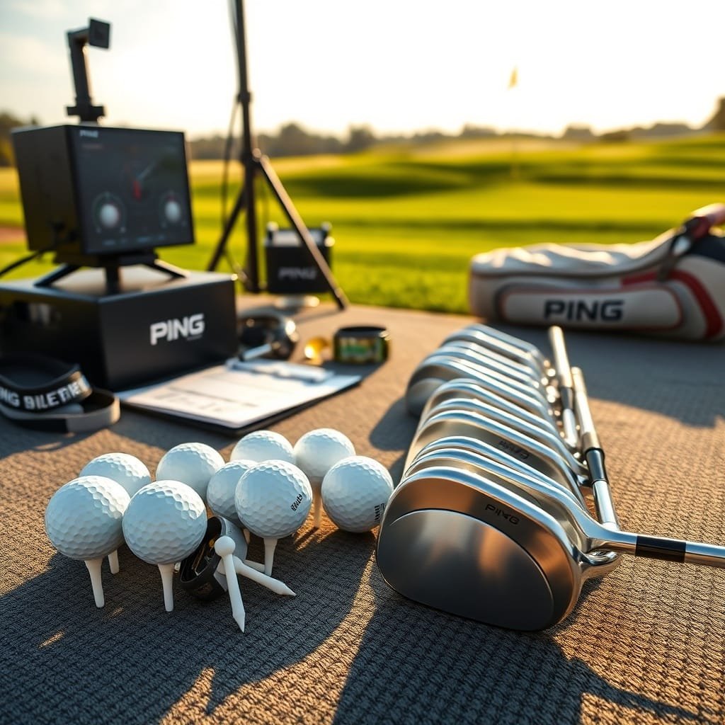 Ping golf irons fanned on a fitting mat, with golf balls, launch monitor, and a lush fairway under a warm sky.