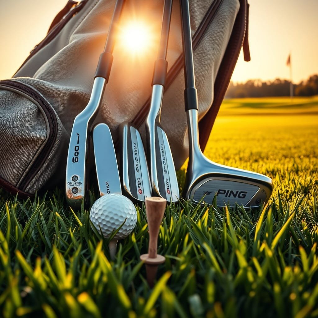 A trio of Ping golf irons leans against a canvas bag on a sunlit tee box, with a dimpled ball and lush grass in view.