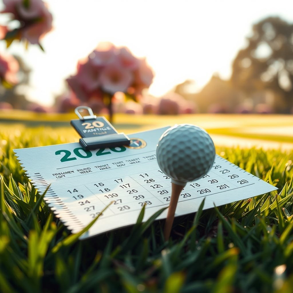 When Is the Golf Masters? Key Dates for 2026 1 Extreme macro of a ticket and badge on a calendar, with dew on grass, evoking anticipation for when is the golf masters.