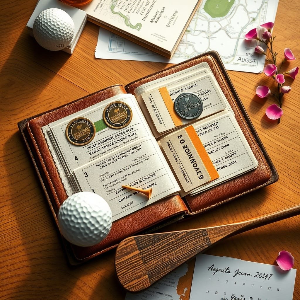 Aged leather ticket album with badges and stubs, golf ball, tee, and azalea petals evoke anticipation for when is the golf masters.