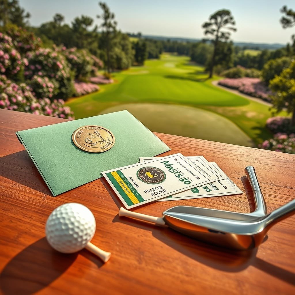 Masters-field artifacts on a polished table with a golf ball and club, celebrating the question: when is the golf masters?